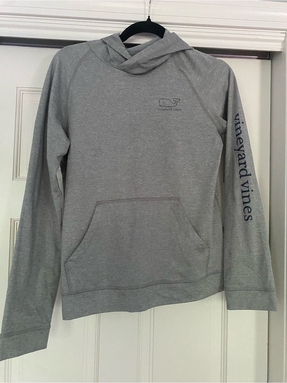 Boys Vineyard Vines performance Light Gray Hooded Pullover with Navy Logo